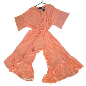 Ashley Stewart Gauze Wide Leg Jumpsuit Plus Size 26/28 Coral Crochet Details NEW